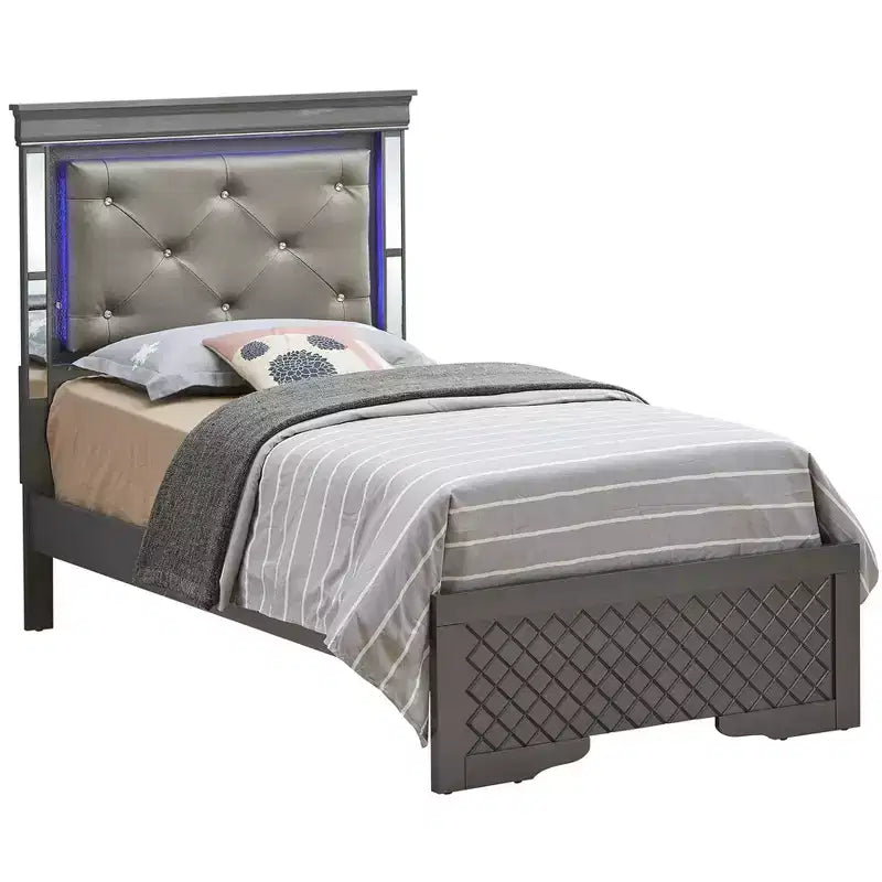 Lit double avec tête de lit LED | Cuir capitonné, finition bois gaufré