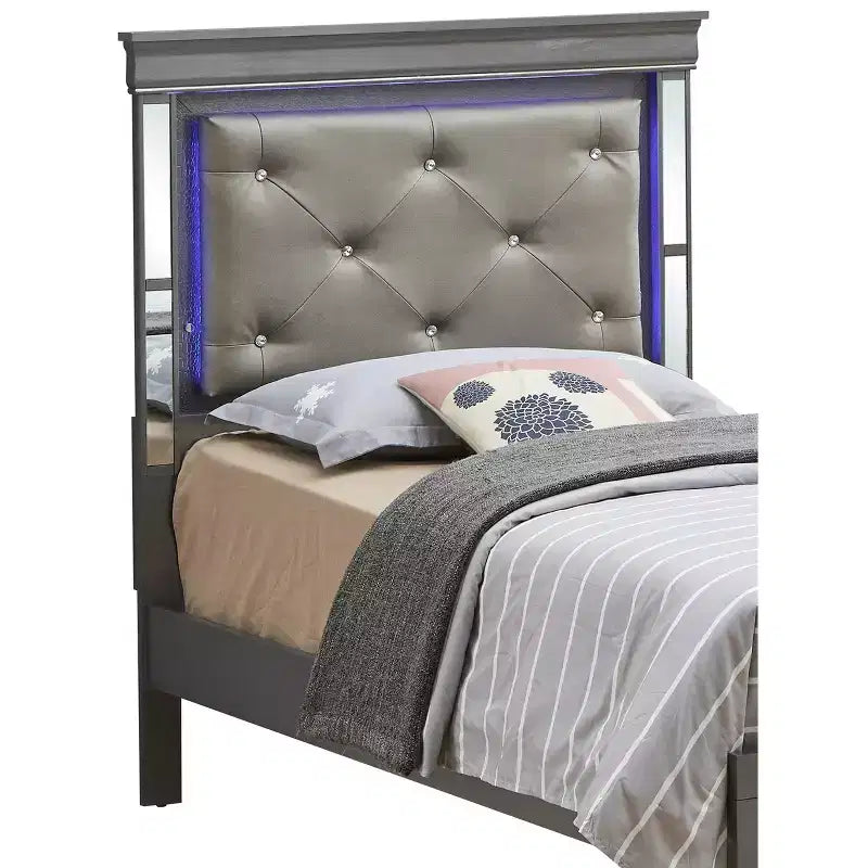 Lit double avec tête de lit LED | Cuir capitonné, finition bois gaufré