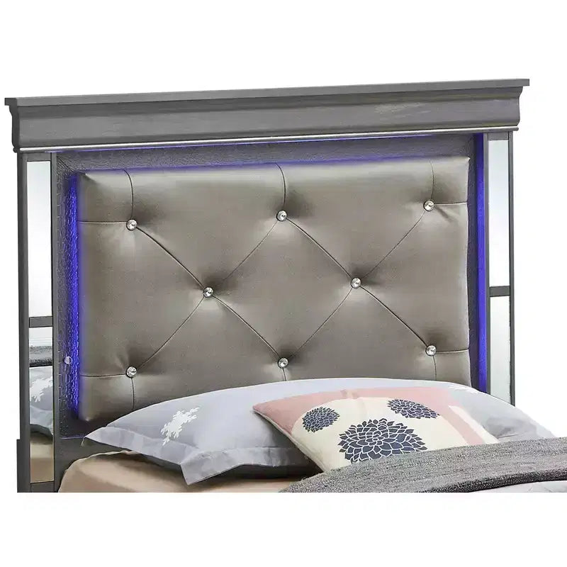 Lit double avec tête de lit LED | Cuir capitonné, finition bois gaufré
