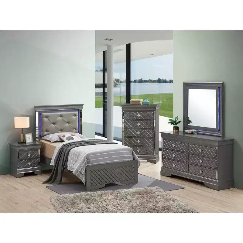 Lit double avec tête de lit LED | Cuir capitonné, finition bois gaufré