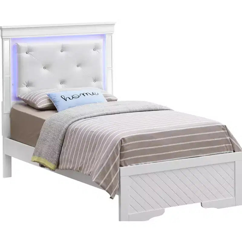 Lit double avec tête de lit LED | Cuir capitonné, finition bois gaufré