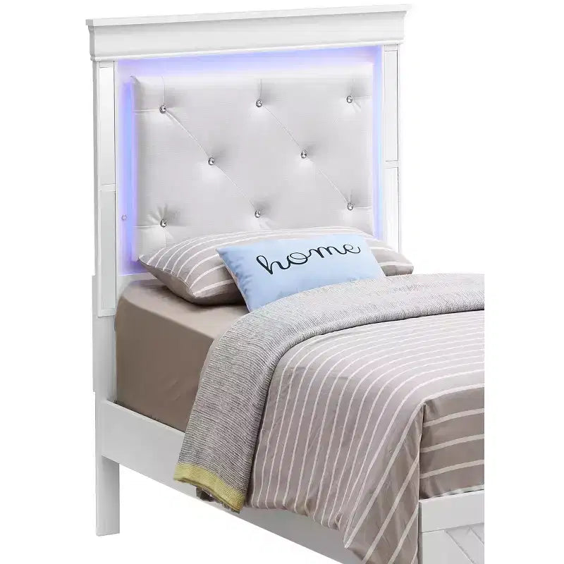 Lit double avec tête de lit LED | Cuir capitonné, finition bois gaufré