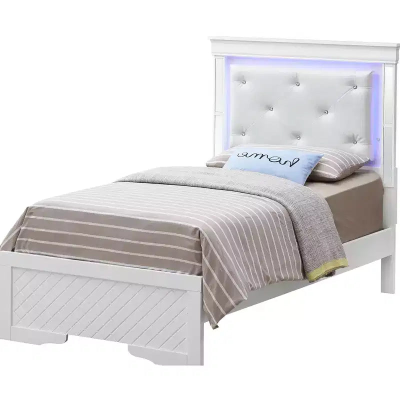 Lit double avec tête de lit LED | Cuir capitonné, finition bois gaufré