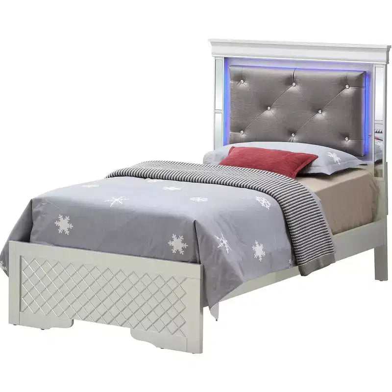 Lit double avec tête de lit LED | Cuir capitonné, finition bois gaufré