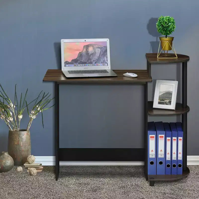 Bureau d'ordinateur d'angle compact avec étagères de rangement | Bureau à domicile