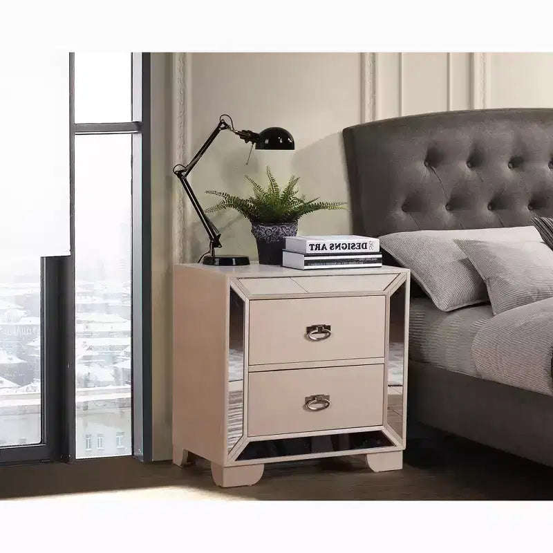 Table de chevet à 2 tiroirs avec miroirs décoratifs | 71 cm H x 43 cm L x 71 cm P