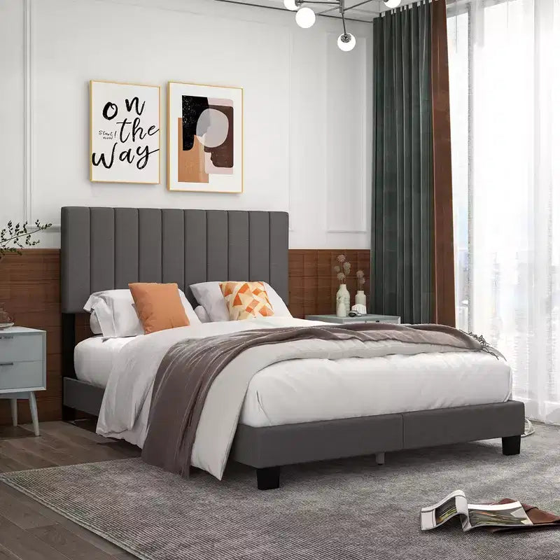Costway Queen Upholstered Platform Bed Frame Mattress Foundation Box Spring Needed Gray