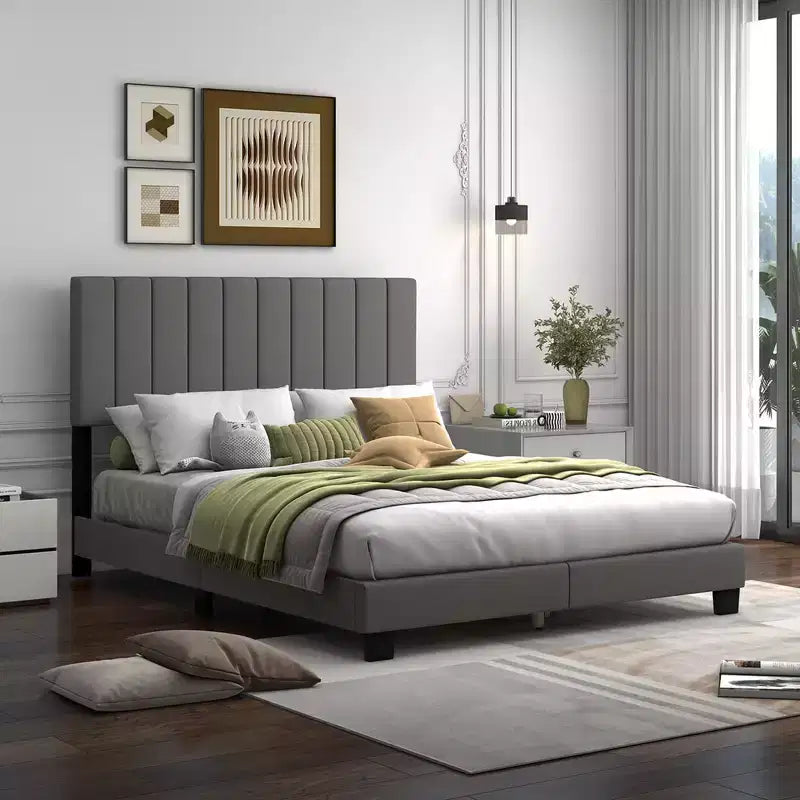 Costway Lit plateforme capitonné Queen Cadre de lit Sommier tapissier requis Gris