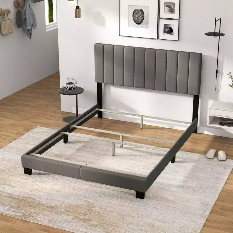 Costway Lit plateforme capitonné Queen Cadre de lit Sommier tapissier requis Gris