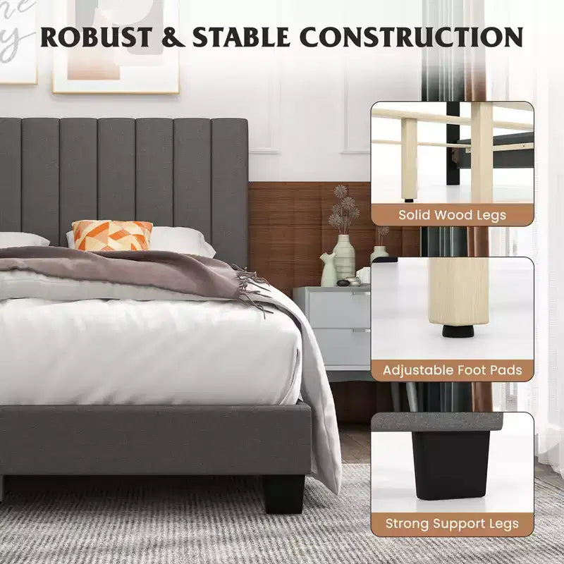 Costway Lit plateforme capitonné Queen Cadre de lit Sommier tapissier requis Gris