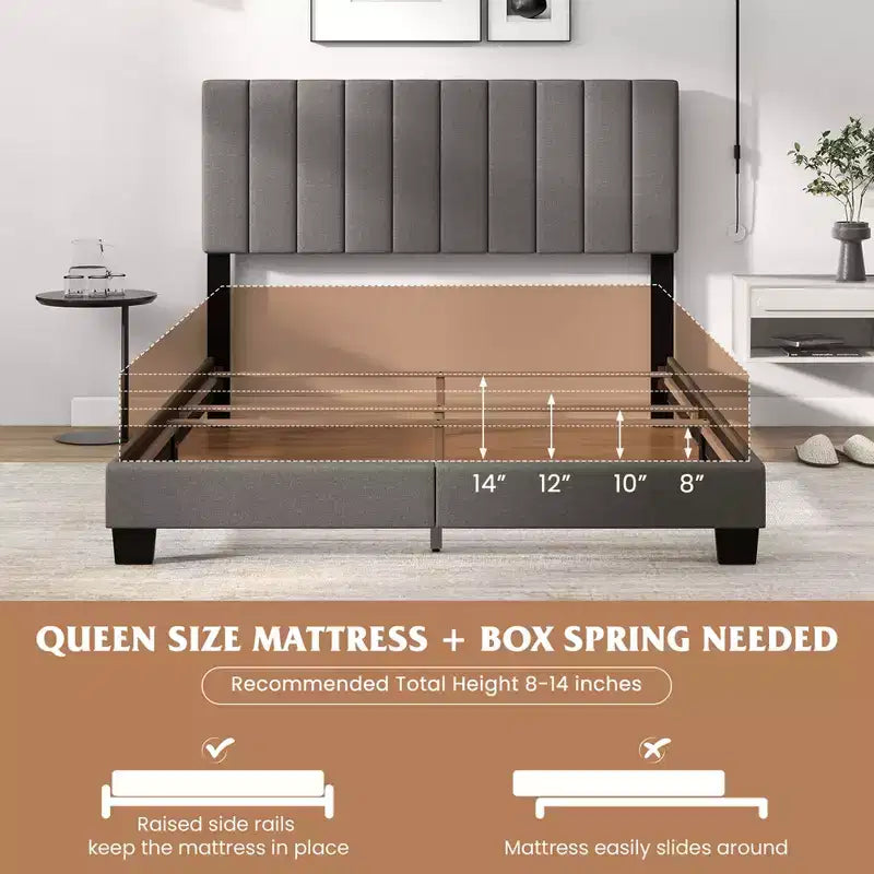 Costway Lit plateforme capitonné Queen Cadre de lit Sommier tapissier requis Gris