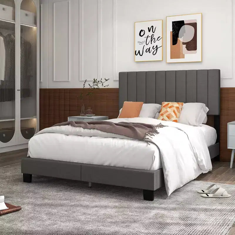 Costway Lit plateforme capitonné Queen Cadre de lit Sommier tapissier requis Gris