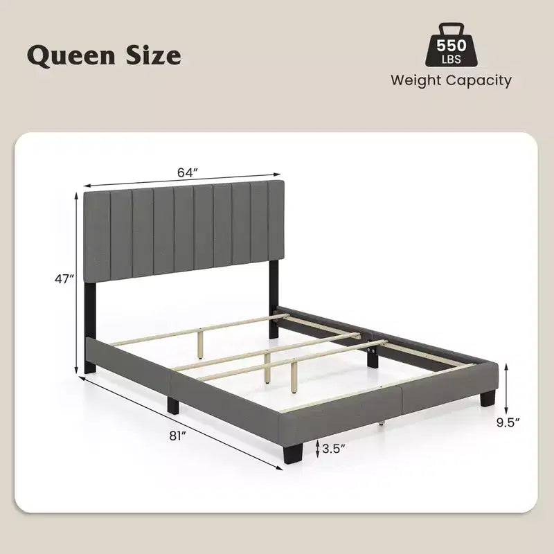 Costway Lit plateforme capitonné Queen Cadre de lit Sommier tapissier requis Gris