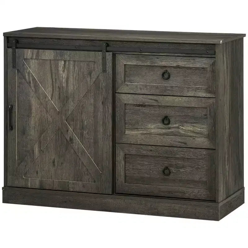 Meuble bas de bar à café de style ferme HOMCOM, buffet de cuisine, meuble de rangement avec porte coulissante de style grange et 3 tiroirs de rangement pour salon