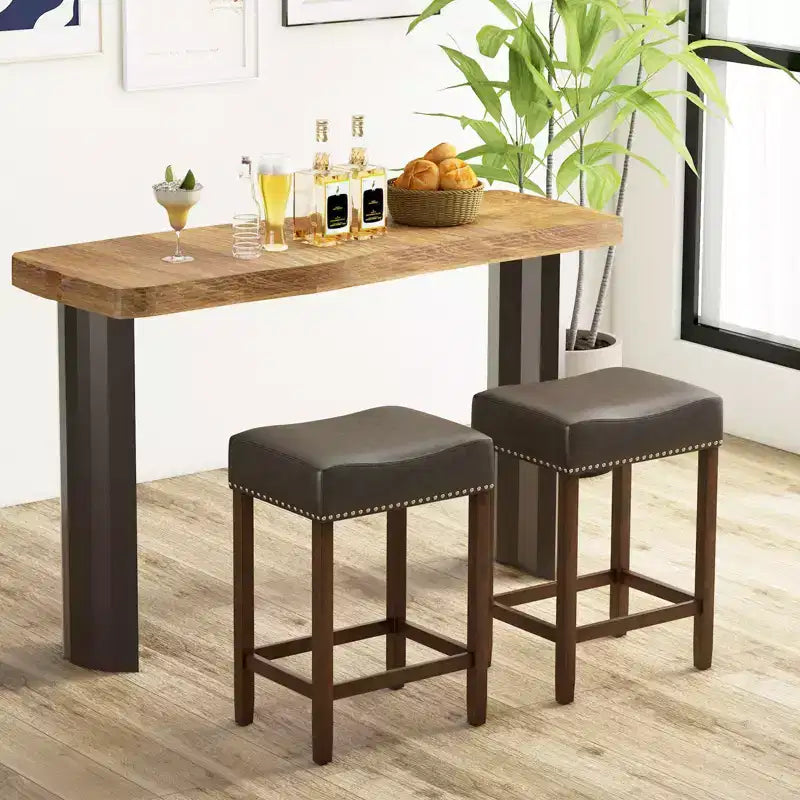 Costway Lot de 2 tabourets de bar rembourrés de 24 po avec repose-pieds, cadre en bois d'hévéa, forme de selle, brun/gris