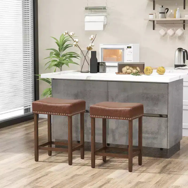 Costway Lot de 2 tabourets de bar rembourrés de 24 po avec repose-pieds, cadre en bois d'hévéa, forme de selle, brun/gris