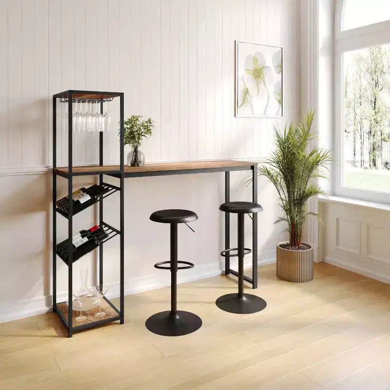 Table de bar et de vin en métal | 2 étagères inclinées, rangement pour bouteilles et verres