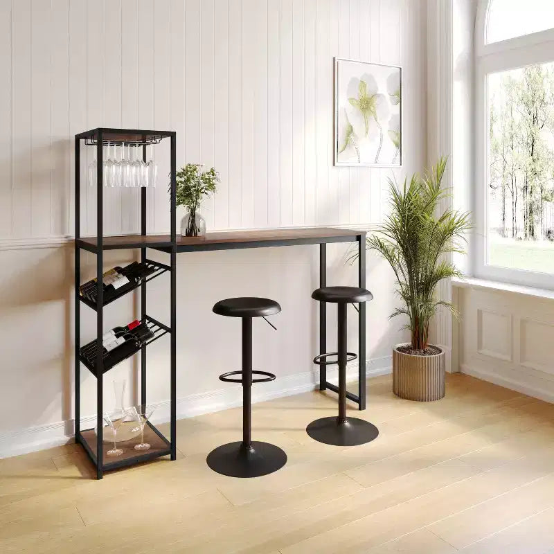 Table de bar et de vin en métal | 2 étagères inclinées, rangement pour bouteilles et verres