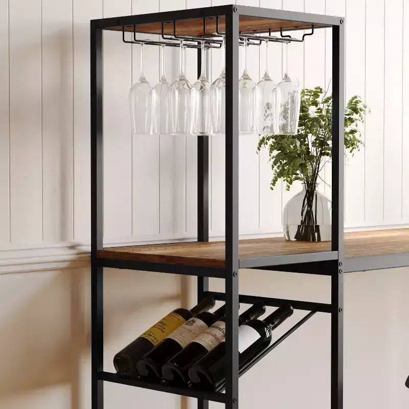 Table de bar et de vin en métal | 2 étagères inclinées, rangement pour bouteilles et verres