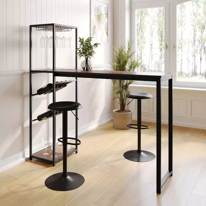 Table de bar et de vin en métal | 2 étagères inclinées, rangement pour bouteilles et verres