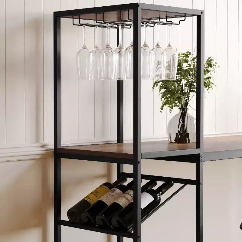 Table de bar et de vin en métal | 2 étagères inclinées, rangement pour bouteilles et verres