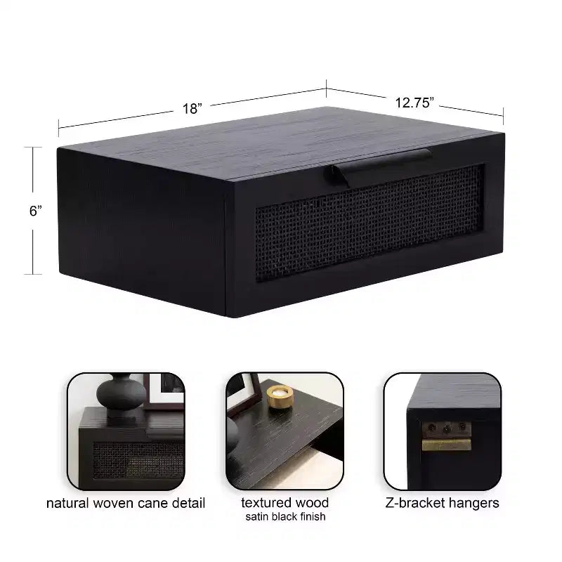 Table d'appoint murale flottante en rotin 18x13x6 noire | Table d'appoint murale