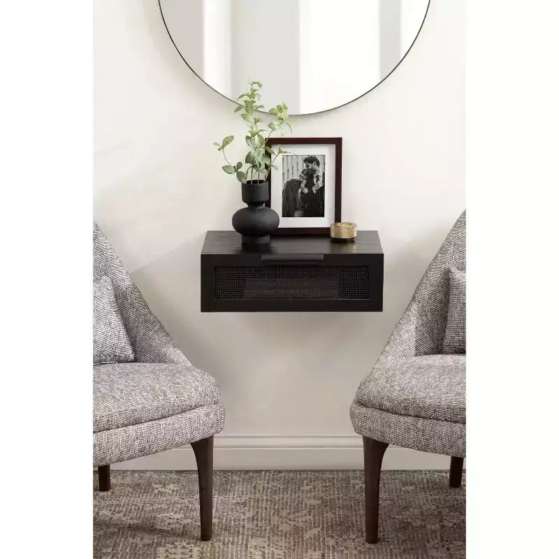 Table d'appoint murale flottante en rotin 18x13x6 noire | Table d'appoint murale