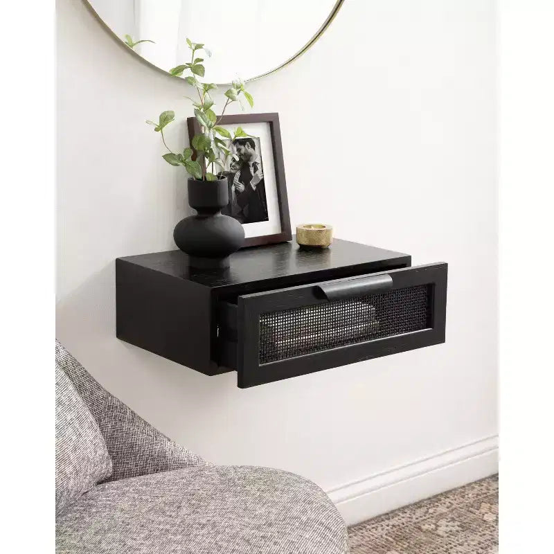 Table d'appoint murale flottante en rotin 18x13x6 noire | Table d'appoint murale