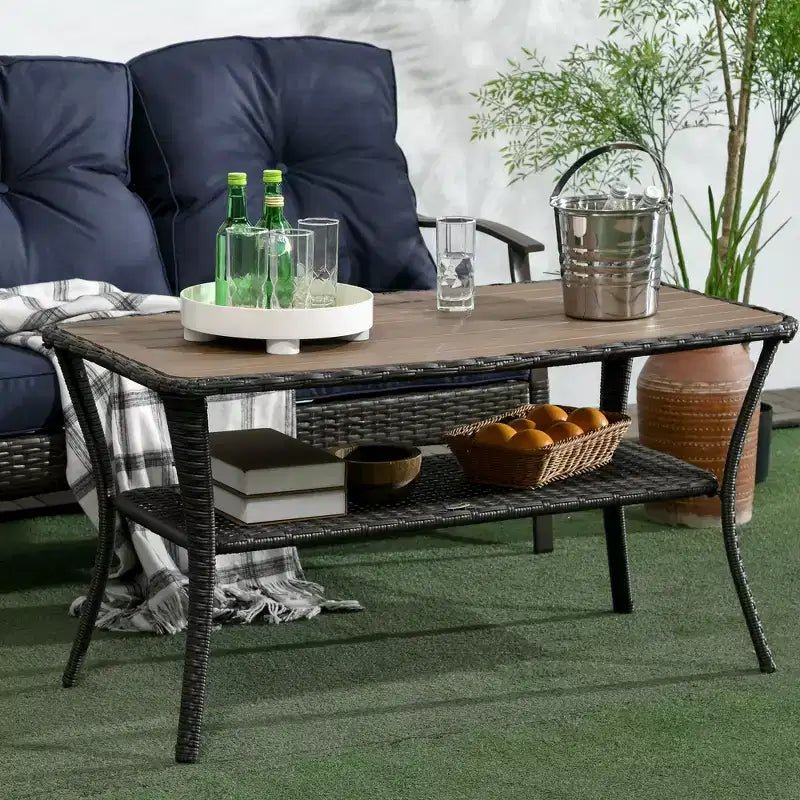 Table basse d'extérieur en rotin avec étagère de rangement | Osier Marron Mélangé