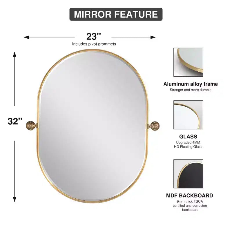 Miroir de courtoisie ovale pivotant à cadre métallique pour salle de bain