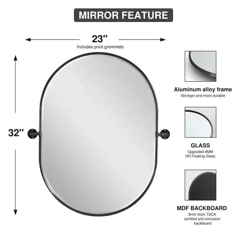 Miroir de courtoisie ovale pivotant à cadre métallique pour salle de bain