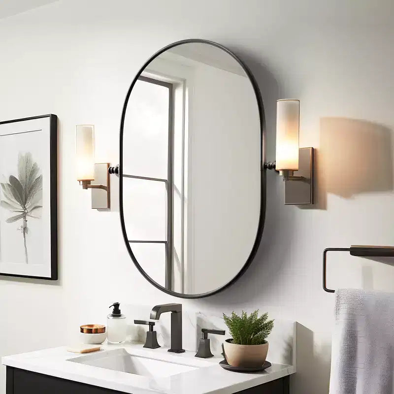 Miroir de courtoisie ovale pivotant à cadre métallique pour salle de bain