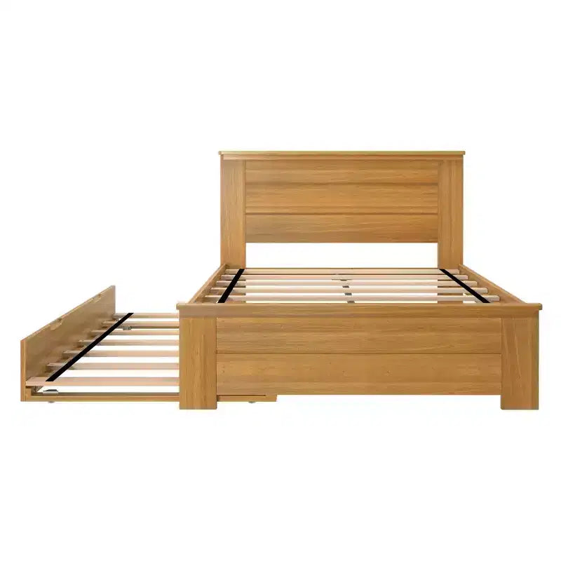 Lit double de style rustique en bois massif avec tête de lit à panneaux et lit gigogne
