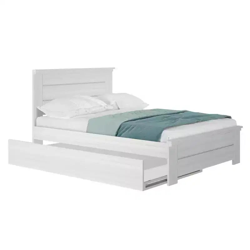 Lit double de style rustique en bois massif avec tête de lit à panneaux et lit gigogne