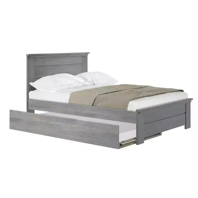 Lit double de style rustique en bois massif avec tête de lit à panneaux et lit gigogne