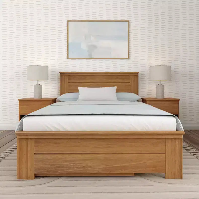 Lit double de style rustique en bois massif avec tête de lit à panneaux et lit gigogne