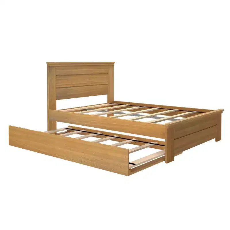 Lit double de style rustique en bois massif avec tête de lit à panneaux et lit gigogne